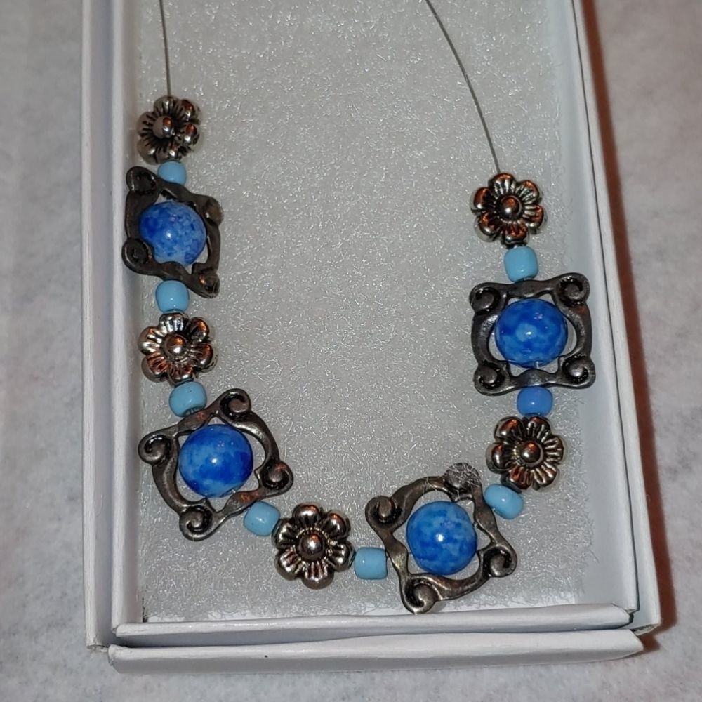 Handmade Necklace Blue glass round beads seed beads metal frame flower spacer